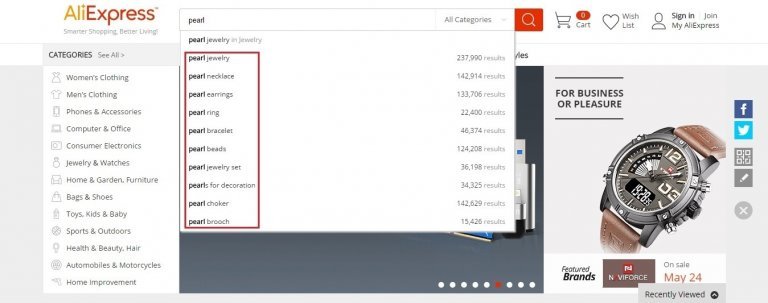 AliExpress' autocomplete function used to find keywords for SEO