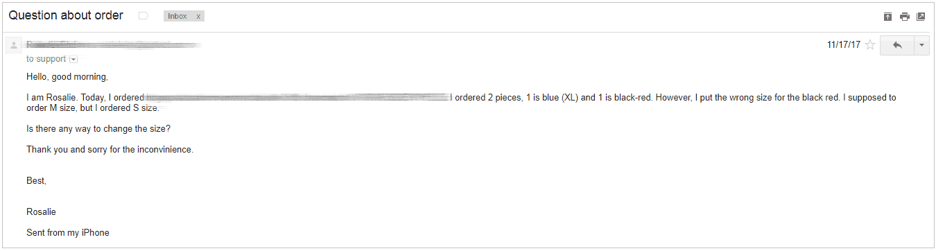 A message from a dropshipping customers who's asking to change the size of the ordered item.