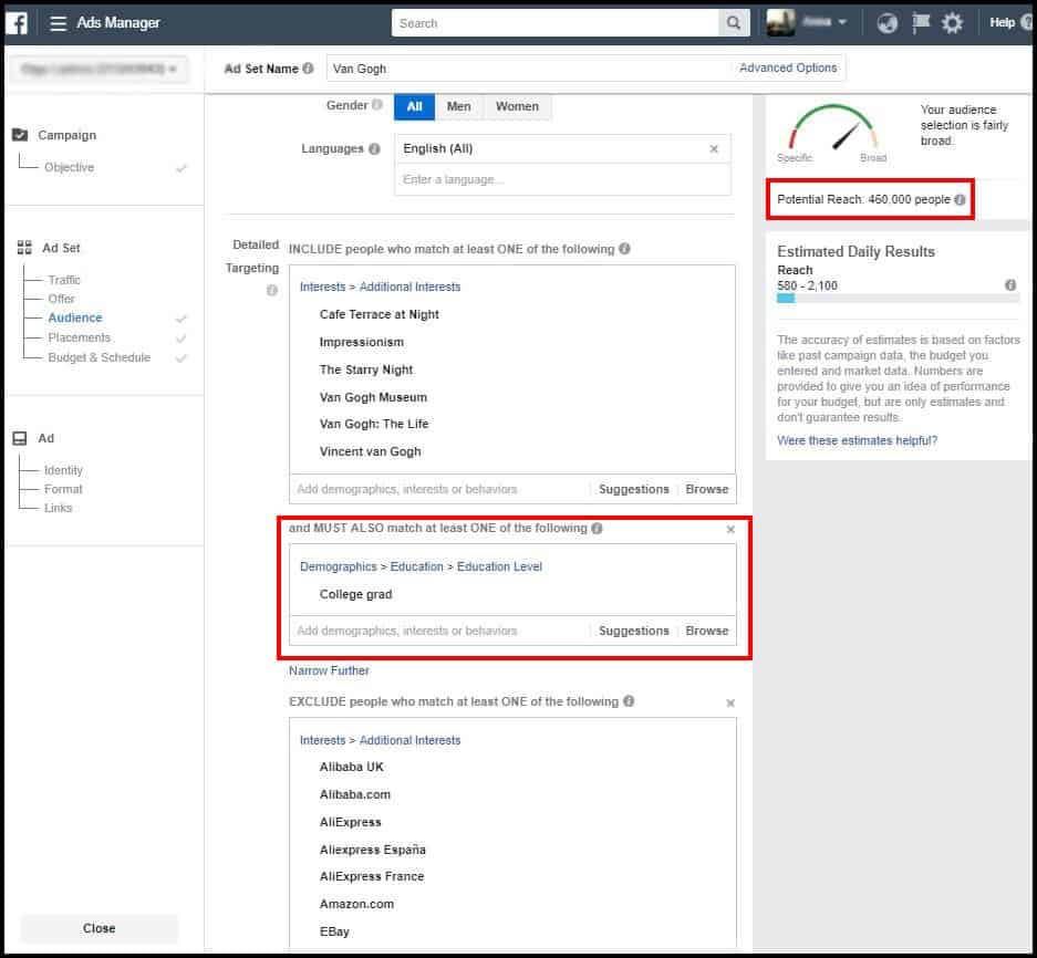 facebook target audience education