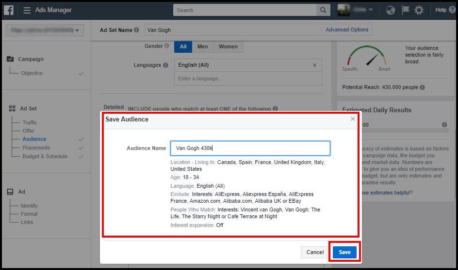Save facebook target audience