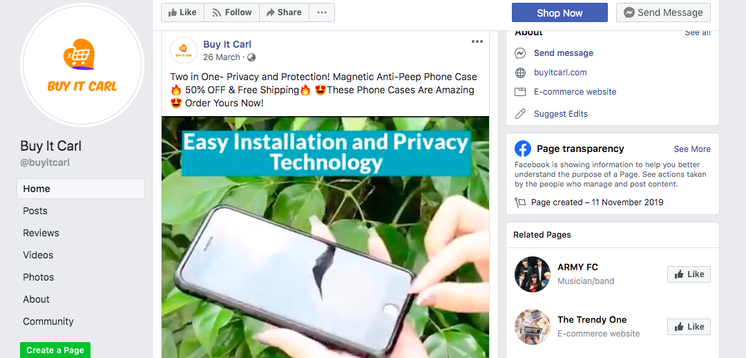 online store business page on Facebook