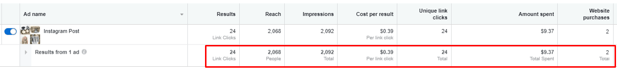 Facebook Ads Manager results