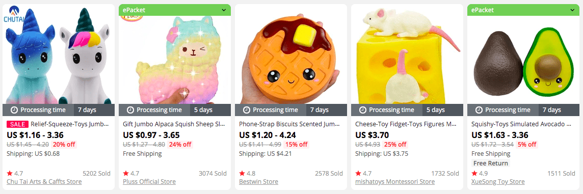 Assorted squeeze toys on AliExpress
