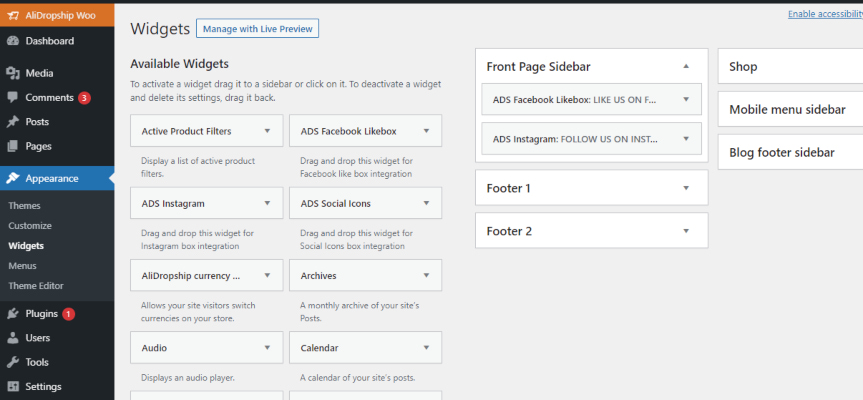 The admin panel of a dropshipping website