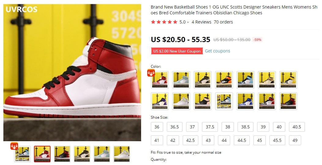 Screenshot of an expensive pair of shoes one can find on AliExpress