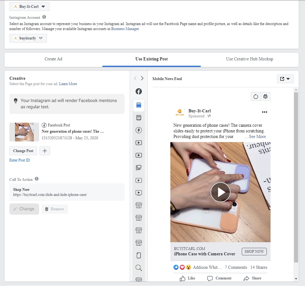 Using a previously published video post as a Facebook video ad