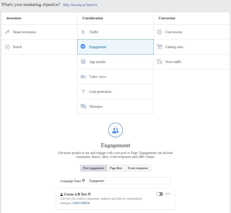 Screenshot of creating a Page Post Engagement campaign on Facebook