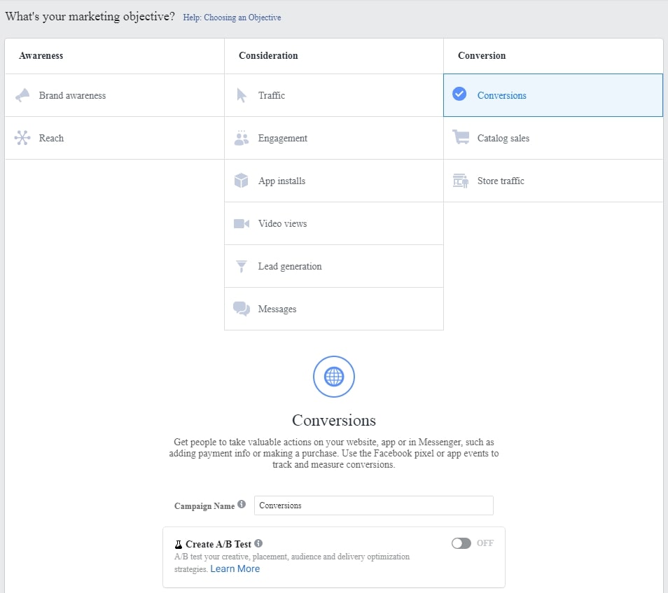 Screenshot of creating a conversion campaign on Facebook