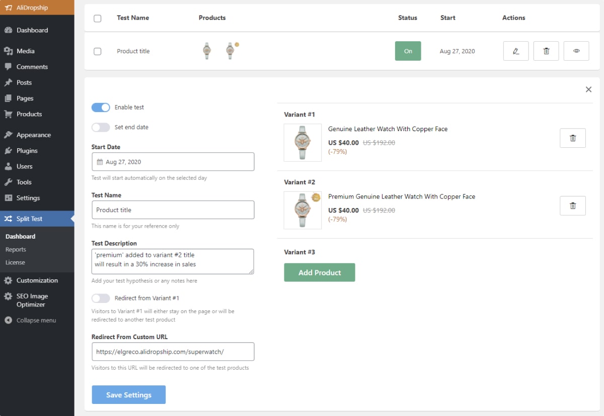 Setting up split test details