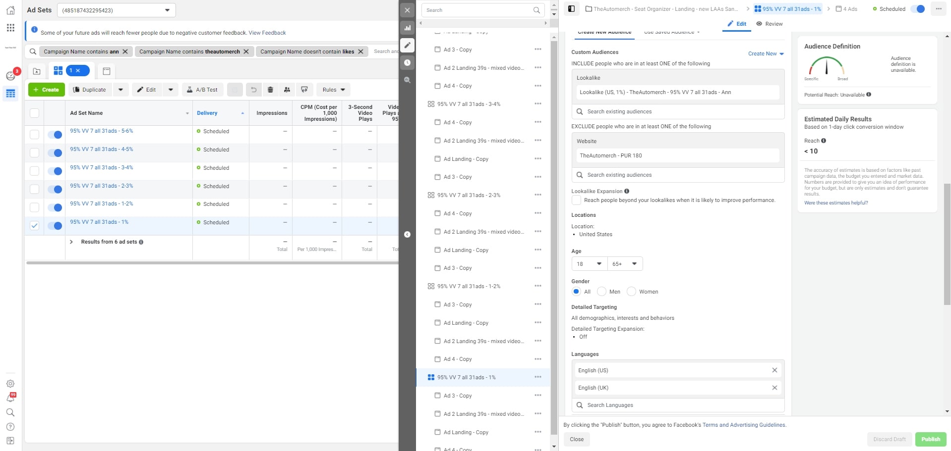 Creating Facebook conversion campaigns targeted at size segments of a lookalike audience