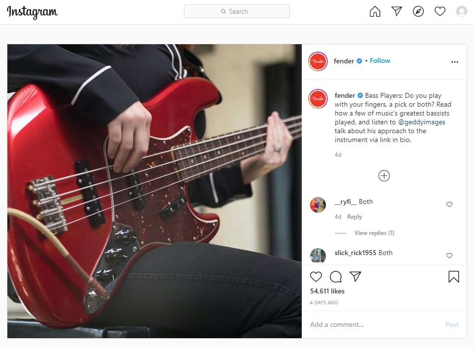 Photo of a bass-guitarist published by Fender