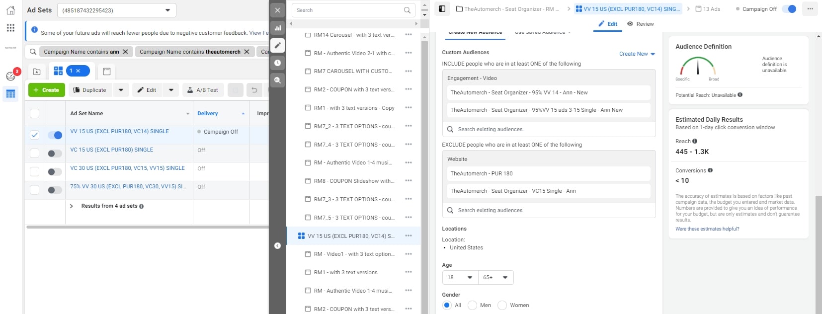 Setting up exclusions for a Facebook audience we are going to use for remarketing