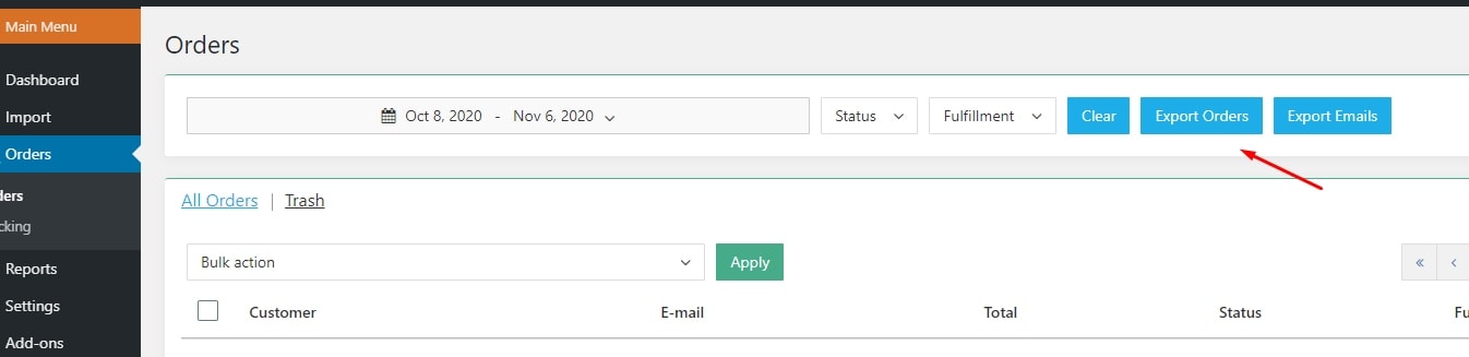 Admin panel of a AliDropship store. By clicking on the button, you can export all orders into a CSV file.