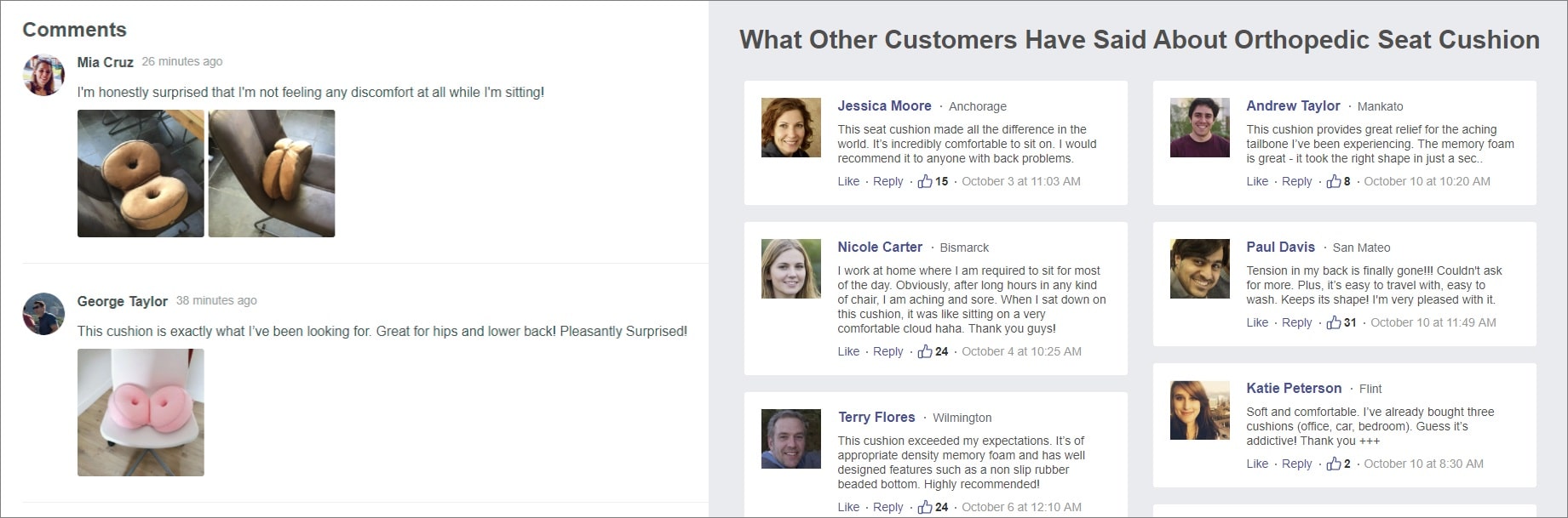 An example of customer reviews displayed on a landing page to serve as social proof