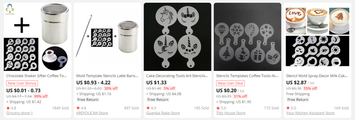 Chocolate dust shakers, latte art needles and stencils on AliExpress