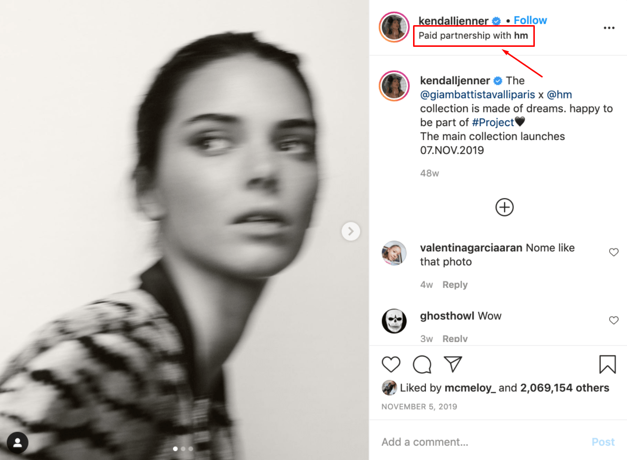 An example of an Instagram sponsored post featuring Kendall Jenner