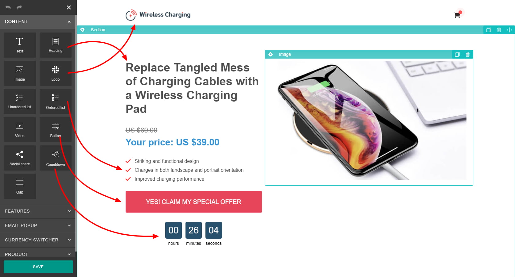 Drag and drop elements in a landing page lead generation template