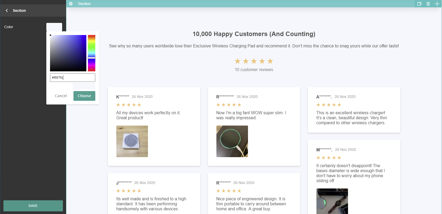 Customizing web page sections with the Landing Pages add-on