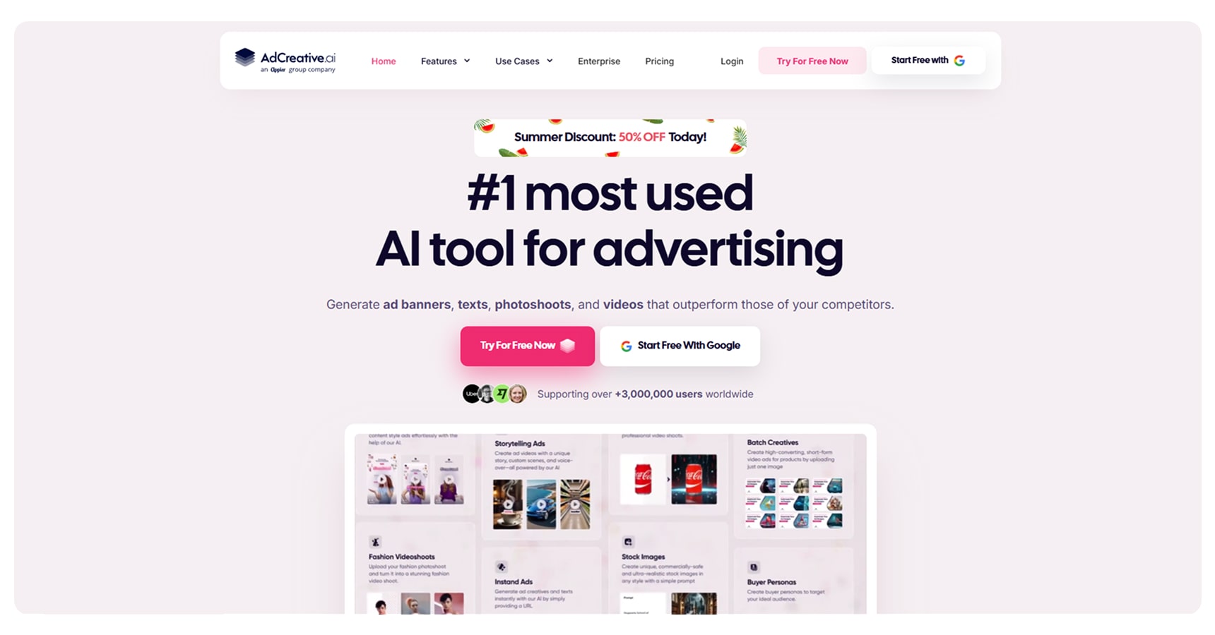 Screenshot of the AdCreative.ai's homepage for The Best AI Apps And Tools For Ecommerce article