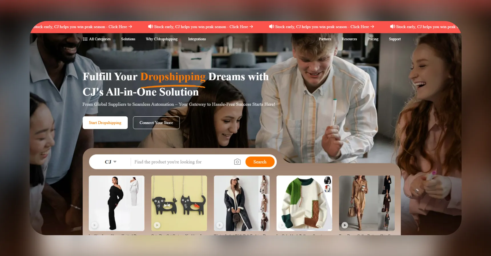 Screenshot of the CJDropshipping homepage for an article on the best clothing dropshipping suppliers