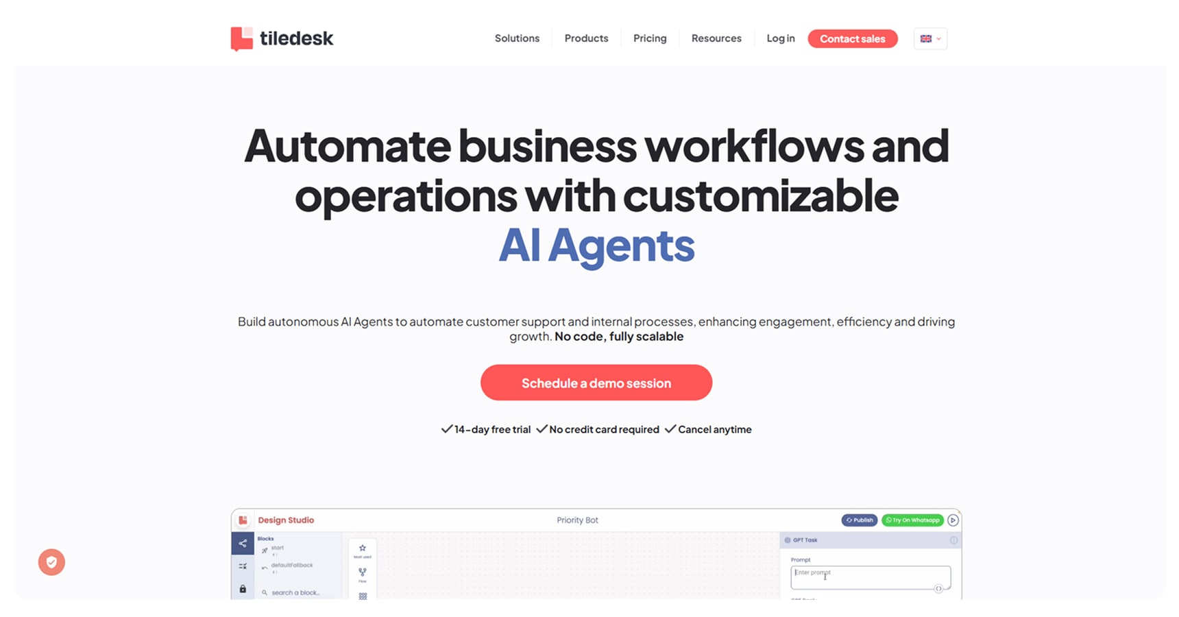 Screenshot of the Tiledesk's homepage for The Best AI Apps And Tools For Ecommerce article