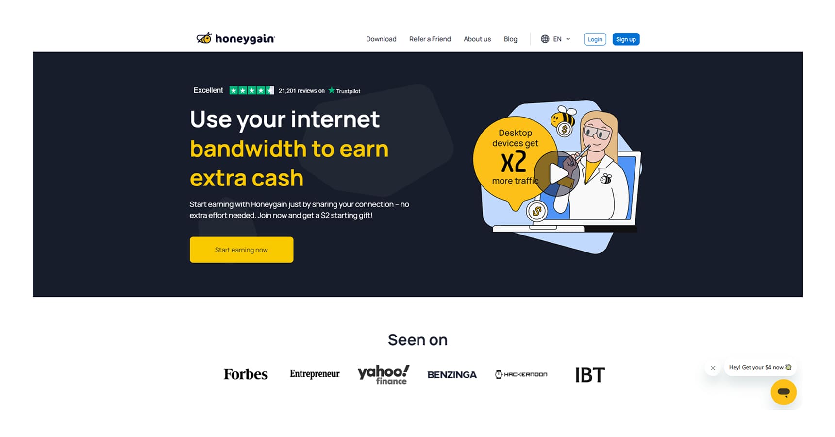 Screenshot of the Honeygain's homepage for the best money earning apps 2025 article