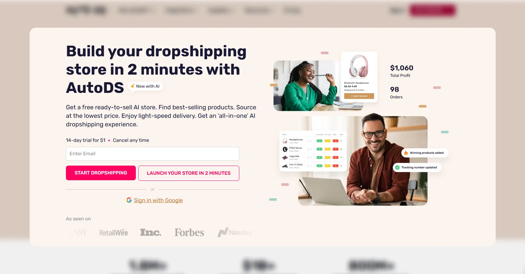 A screenshot of the AutoDS's homepage for the best dropshipping suppliers article