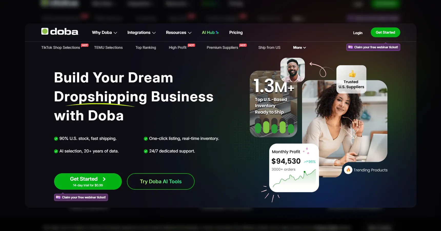 A screenshot of the Doba's homepage for the best dropshipping suppliers article