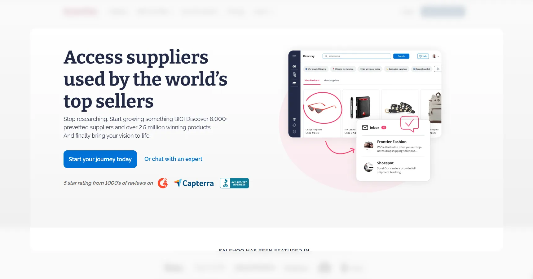 A screenshot of the SaleHoo's homepage for the best dropshipping suppliers article
