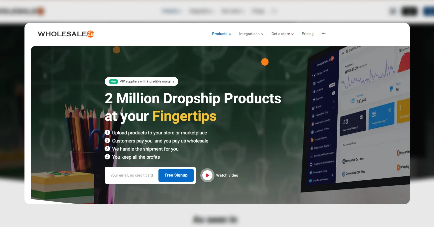A screenshot of the Wholesale2B's homepage for the best dropshipping suppliers article