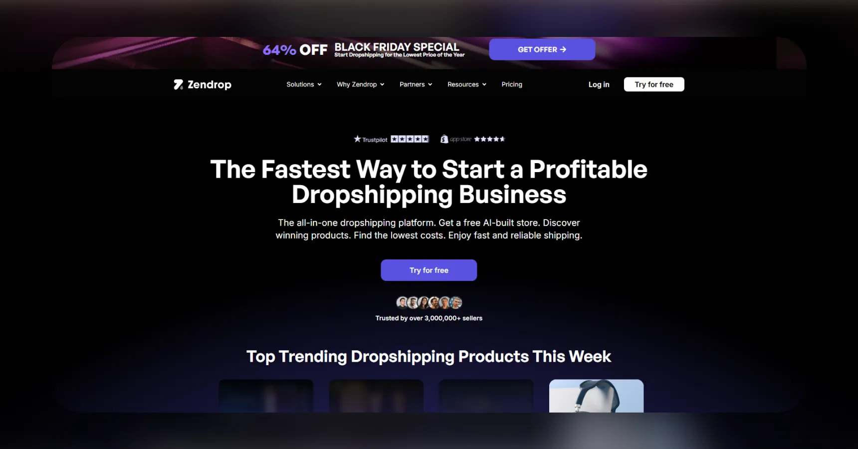 Screenshot of the Zendrop homepage for an article on the best clothing dropshipping suppliers